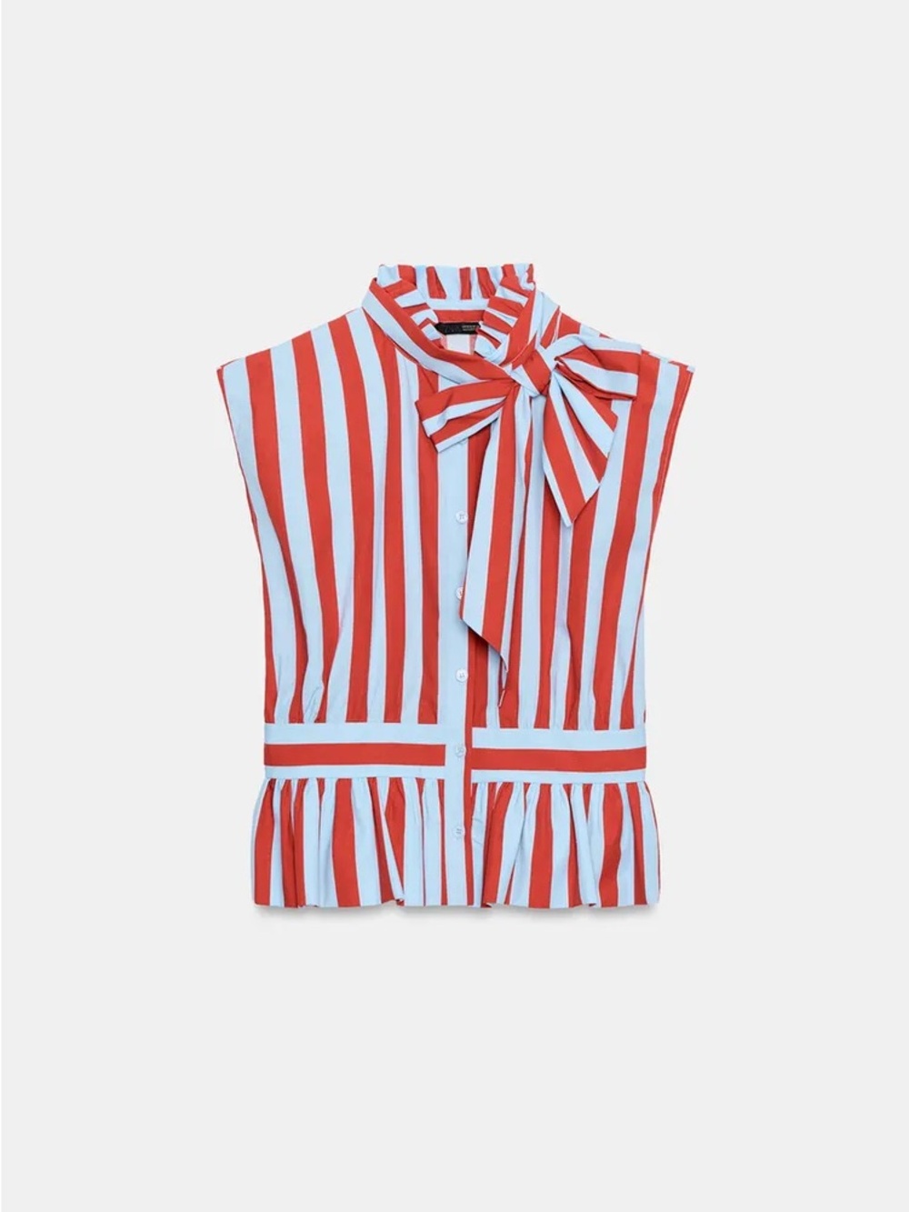 Striped knotted Sleeveless Bow-Tie Blouse in Red and Blue